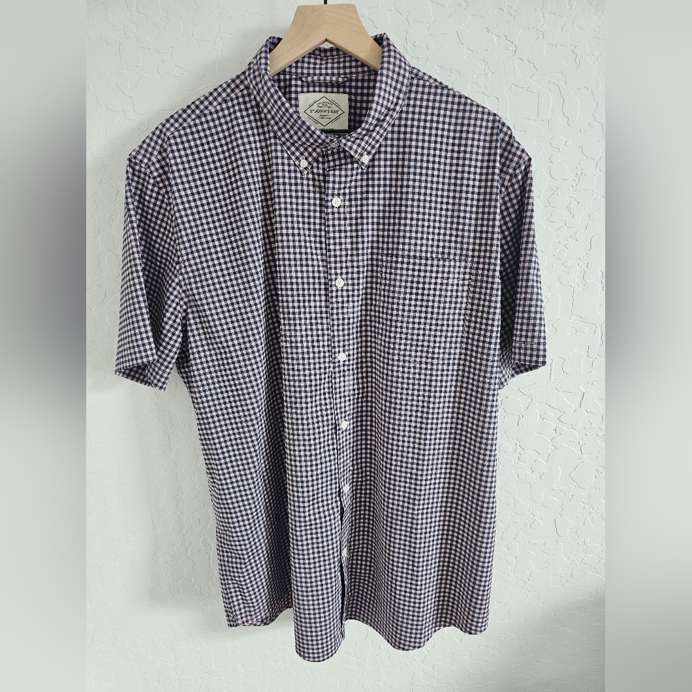 St.‎ John's Bay Mens Plaid Button-Down Shirt Pink / Black  Size XL Classic Fit